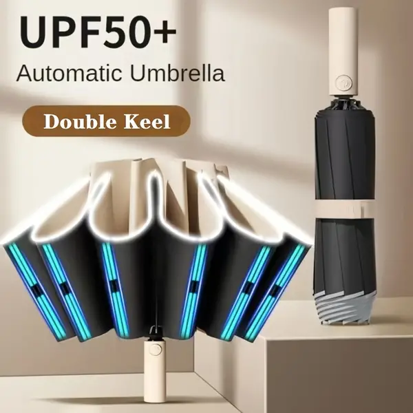 1pc Dual-Use Automatic Umbrella with UV Protection, Waterproof and Windproof Design, Reflective Strip for Safety, Compact Travel Umbrella with 10 Ribs