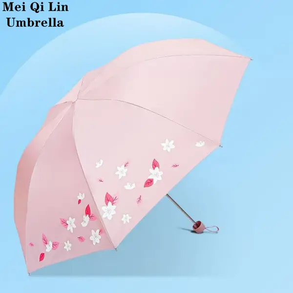 Fashion Pongee Manual Open Umbrella, Mei Qi Lin Water-Resistant 210T Compact Folding Sun and Rain Umbrella with 8 Stainless Steel Ribs, Windproof Travel Portable UV Protection Umbrella for All, Durable Unisex Design