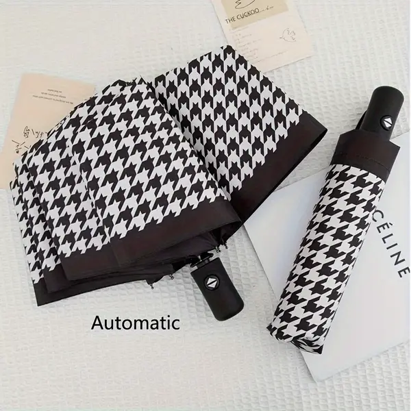 Houndstooth Plaid Folding Waterproof Travel Umbrella, Auto Or Manual, Fashionable Rain Gears For Rainy Sunny Day, Perfect For Outdoor Activities, Ideal Gifts