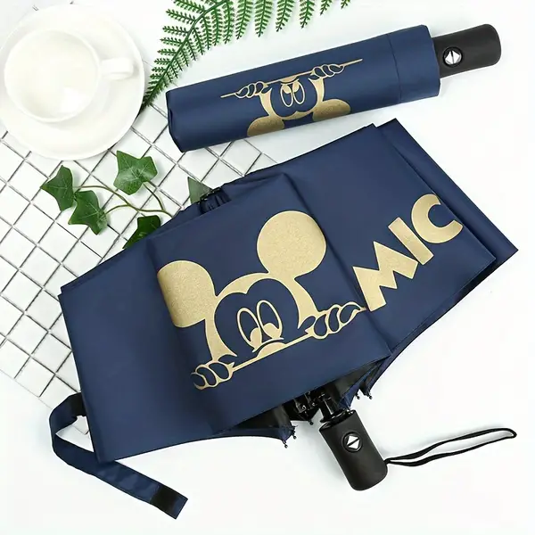 Charming Cartoon Mouse Automatic Folding Umbrella - Fashion Cute Water-Resistant, Triple Fold Design, Carbon Fiber Frame & Shaft, Durable Pongee (210T) Canopy, 8-Rib Structure