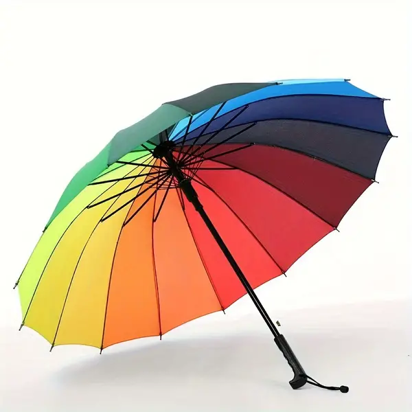 Rainbow 16 Ribs Fashionable Long Handle Manual Umbrella, Waterproof Large Windproof Colorful Stylish Umbrella